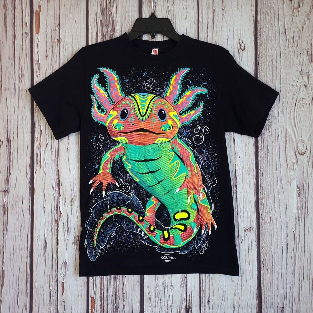 Euro Cotton Comfort Black Axolotl Glow Mexican Reptile T-Shirt Mens S Crew Neck
